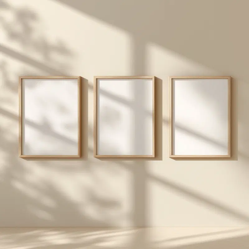 Minimalist wooden frames on beige wall with natural light and shadows
