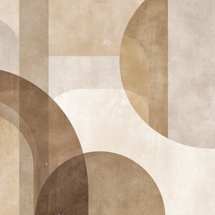 Abstract geometric design with overlapping circles and arches in various shades of beige, brown, and cream