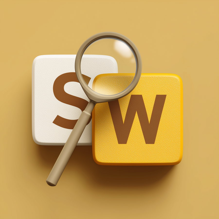 Close-up 3D rendered image showing two rounded square tiles with letters S and W, one white and one yellow, with a magnifying glass positioned over the letters on a mustard yellow background