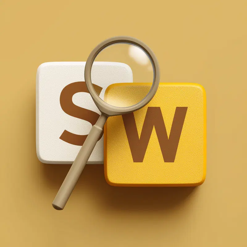 3D Illustration of Letters S and W with Magnifying Glass on Yellow