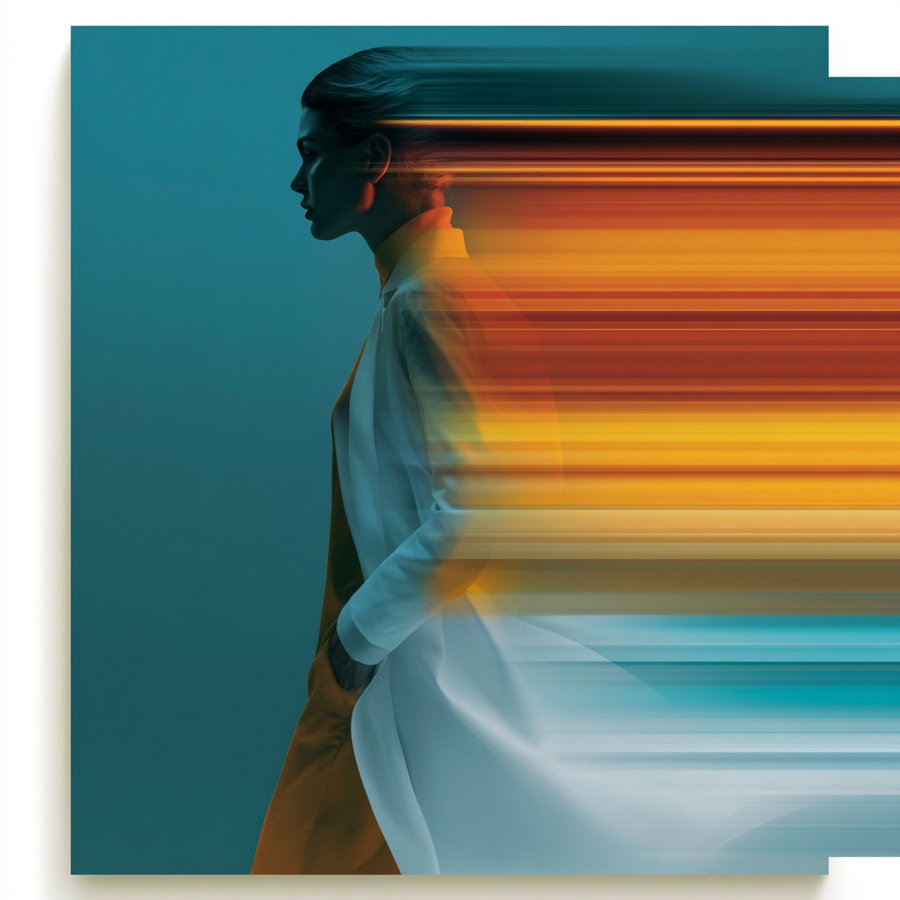 Profile of a woman in a white coat with hands in pockets, with horizontal color streaks in orange and blue extending from her body creating a motion blur effect