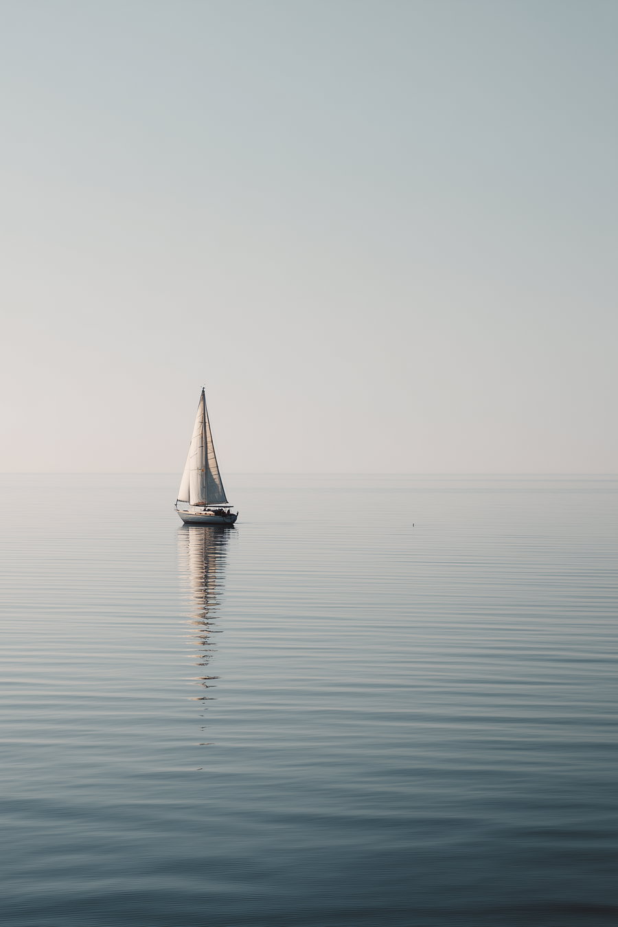 A single sailboat with white sails floating on calm, rippling ocean water under a clear, light blue sky, with the boat's reflection visible in the water.