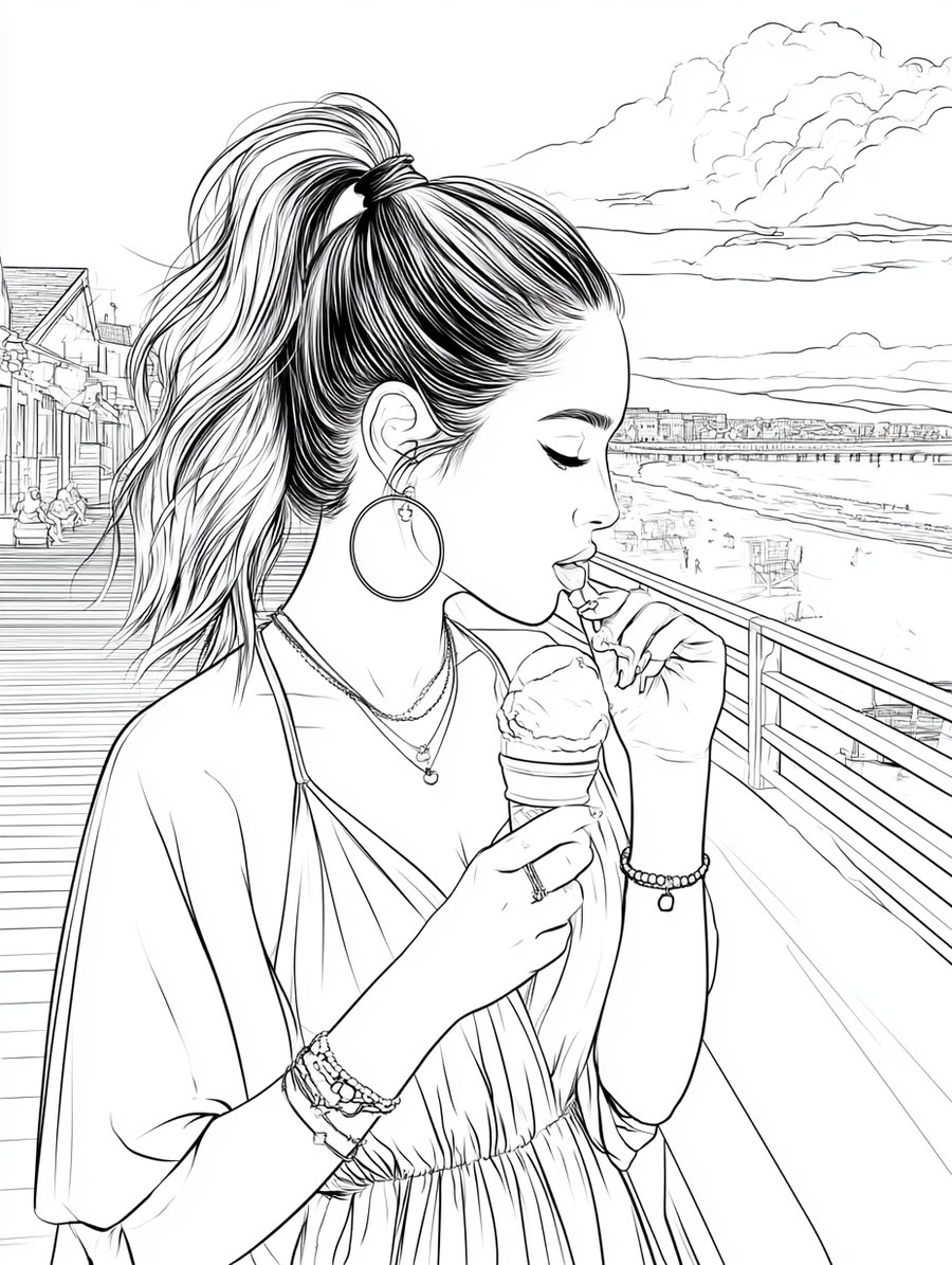 Black and white line art of a woman with a ponytail and hoop earrings holding an ice cream cone and licking her finger, with a beach and boardwalk in the background