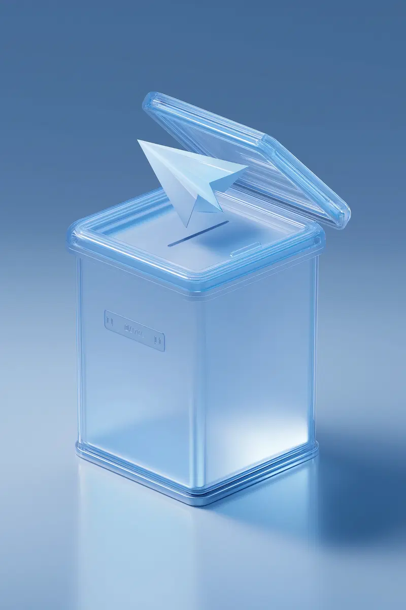 Minimalist abstract representation of a translucent ballot box with paper airplane