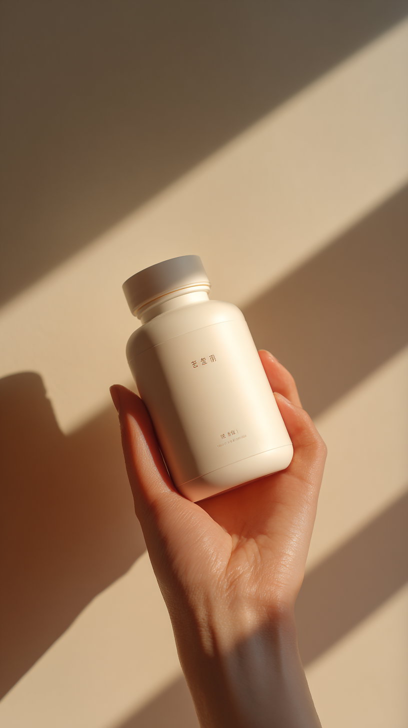A close-up image of a hand holding a beige matte bottle with embossed Chinese characters, with light and shadow stripes on the background