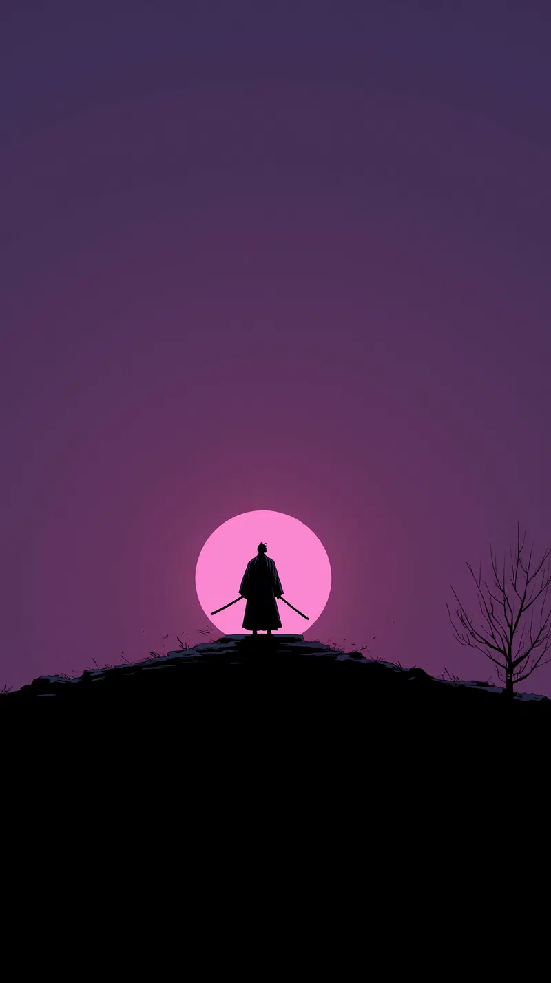 Silhouette of a warrior with swords against a vibrant purple sky and pink sun