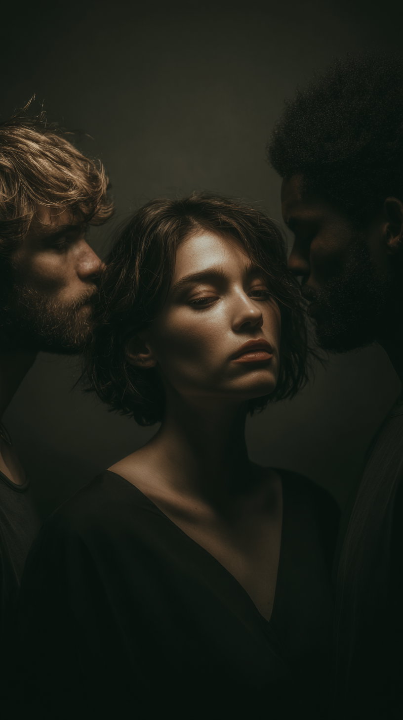 A close-up moody portrait showing a woman with short dark hair in the center, flanked by a bearded light-skinned man on the left and a dark-skinned man with curly hair on the right, all against a dark background