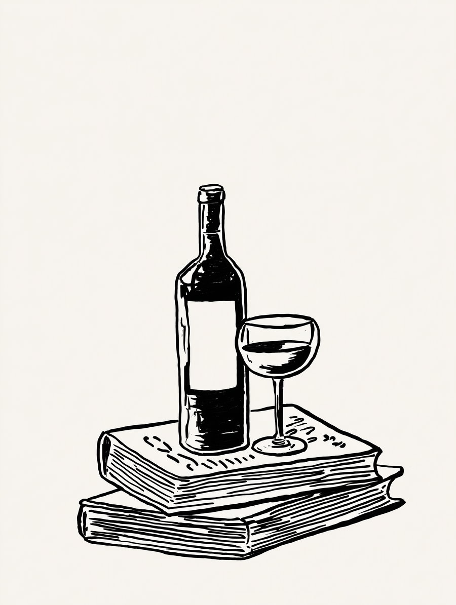 Black ink drawing of a wine bottle and a partially filled wine glass placed on two stacked books on a light background.