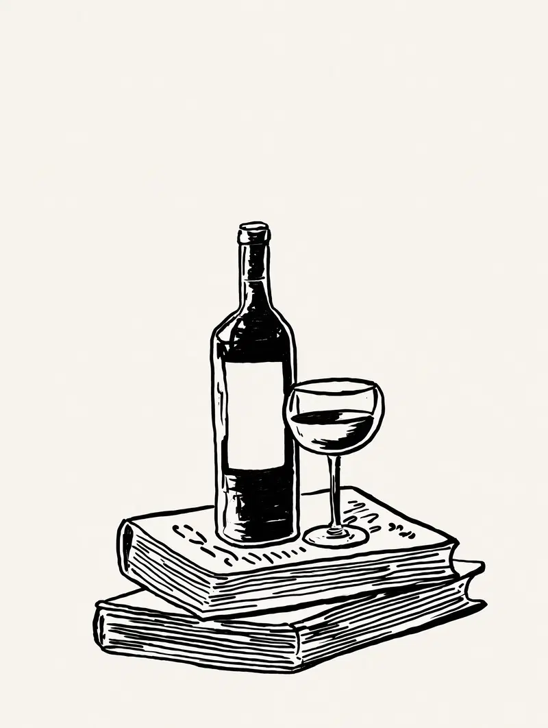 Black and white still life drawing of a wine bottle and glass on stacked books