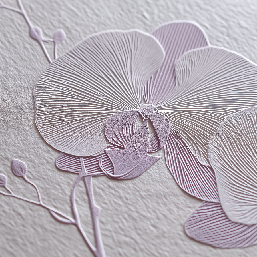Close-up image of an embossed artwork of orchid flower petals on textured paper in soft purple hues