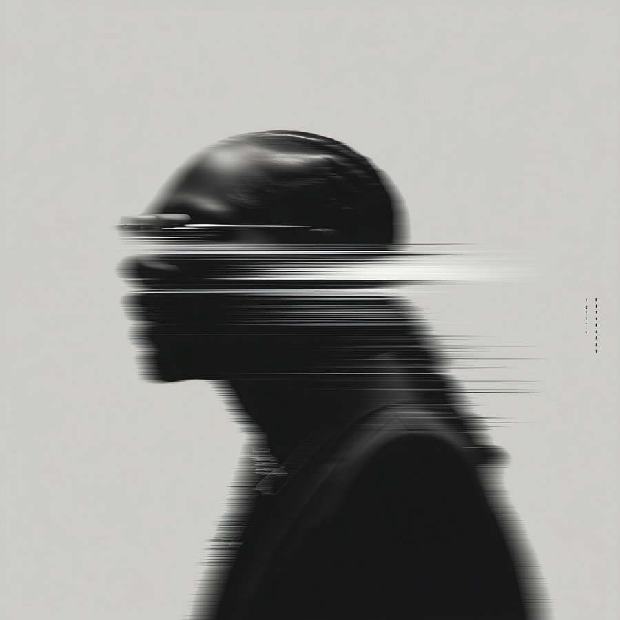 Profile silhouette of a person in black with motion blur and glitch horizontal lines on a light gray background