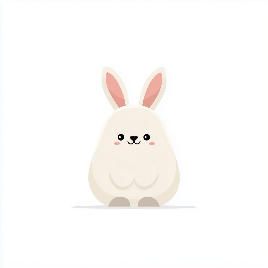 Illustration of a cute white bunny with pink inner ears, black eyes, a small nose, and blushed cheeks on a white background