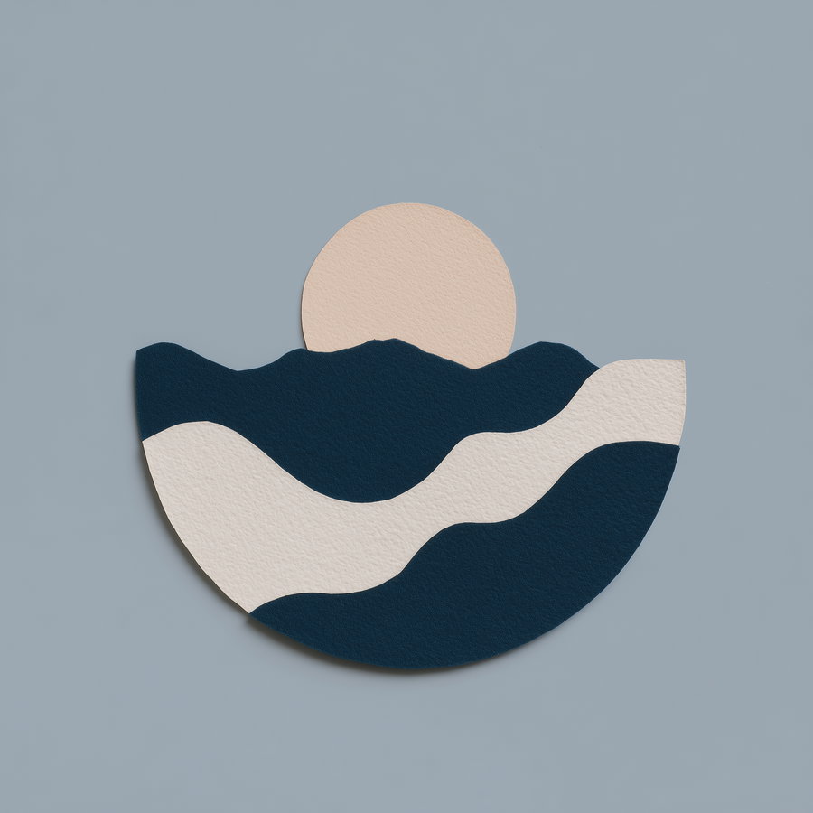 Abstract shapes in dark blue, off-white, and beige forming stylized mountains with a round sun shape above against a light gray background