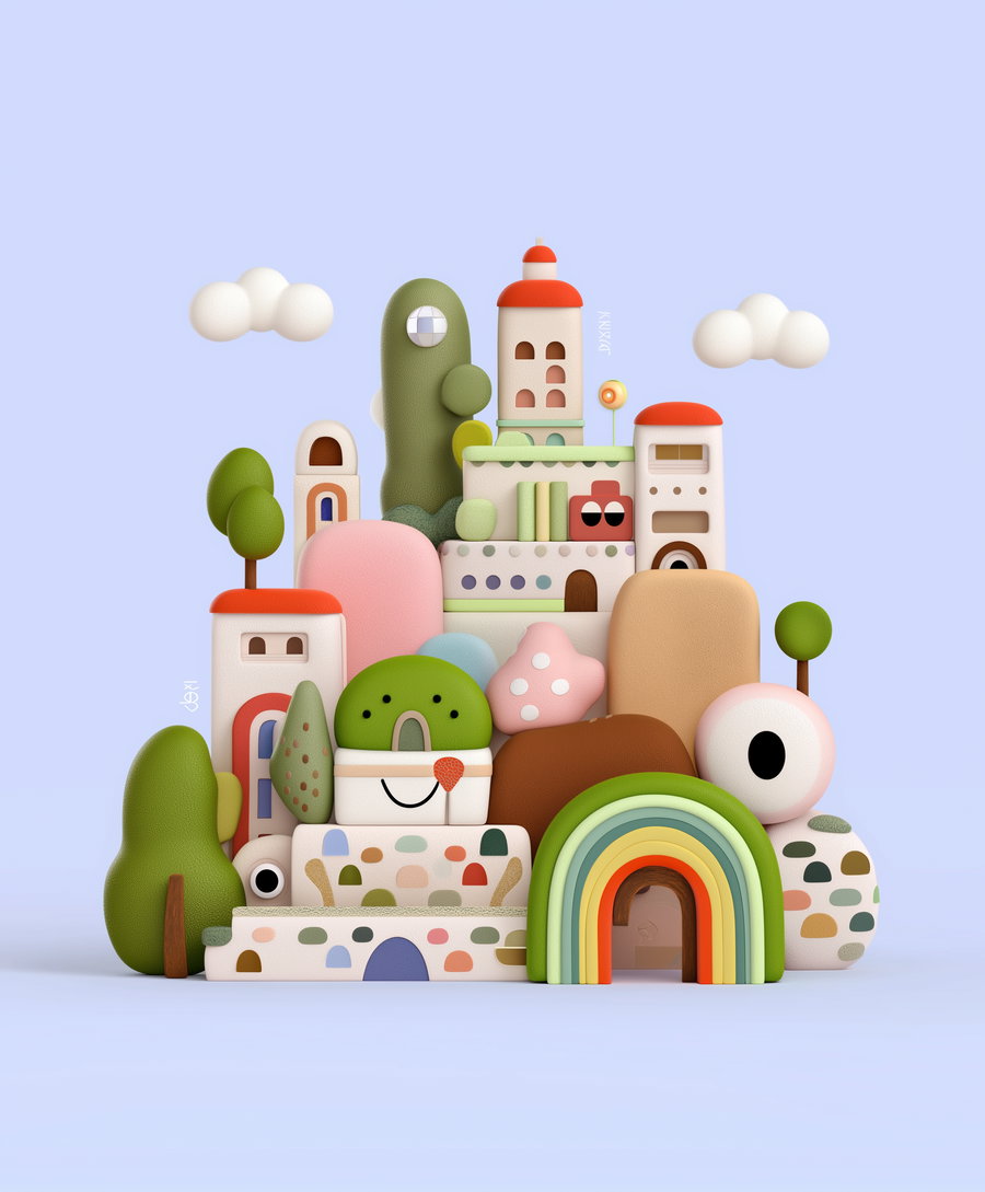 3D digital art featuring an abstract cityscape composed of colorful geometric and organic shapes including arches, rounded buildings, trees, clouds, and a rainbow on a pale blue background