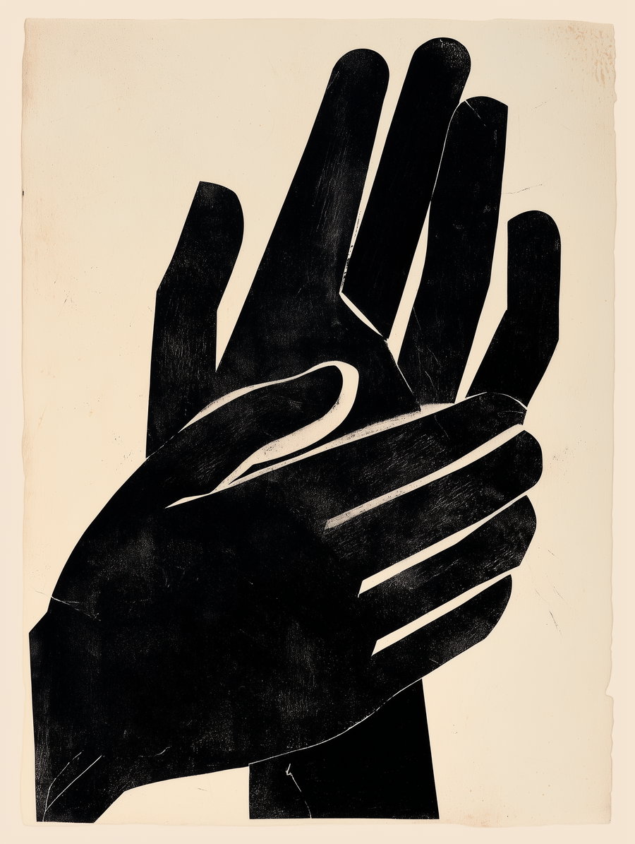 A minimalistic print of two black hands overlapping, created with a rough texture on a beige, slightly wrinkled paper background