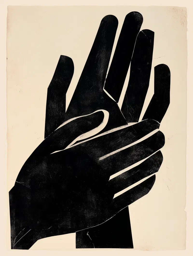 Abstract black and white print of two overlapping hands on beige background
