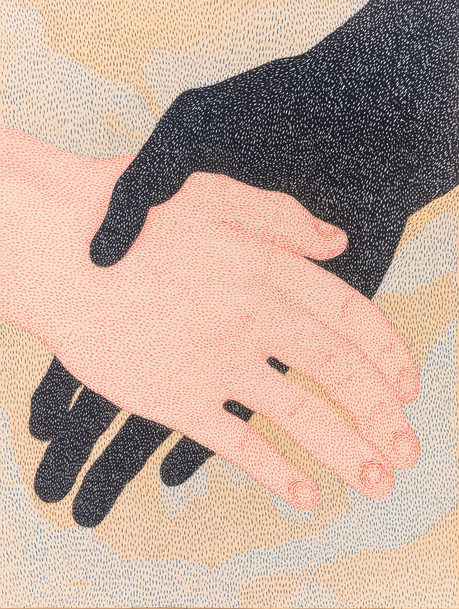 Abstract drawing of two hands, one black and one peach, intertwined and covered in small dash-like patterns, over a beige and blue speckled background
