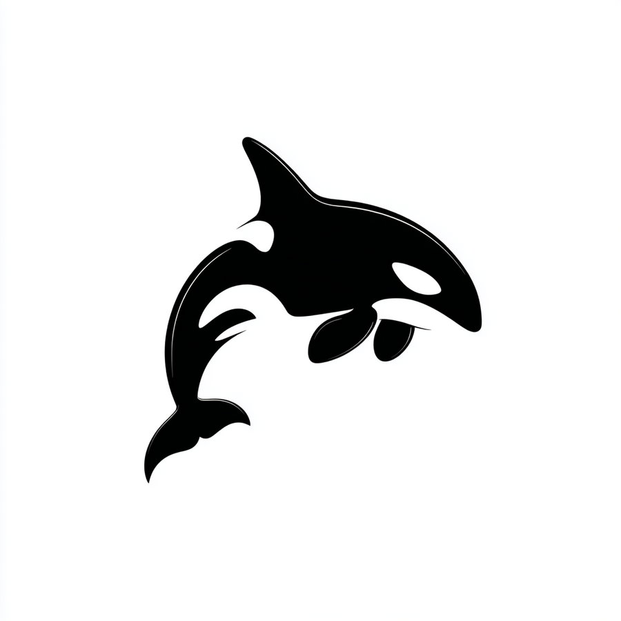 Simple black and white minimalist illustration of an orca whale on a white background