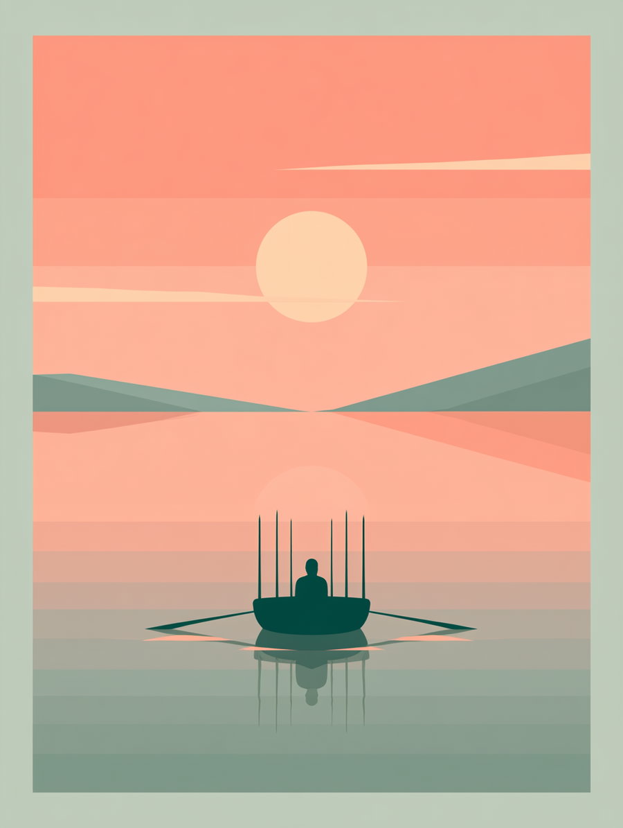 A minimalist artwork depicting a serene sunset over calm water with soft pink and green hues, featuring a silhouette of a person rowing a boat in the foreground and distant hills on the horizon.