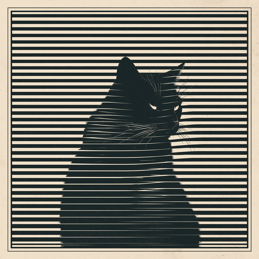 Black silhouette of a cat with white eyes, overlaid with horizontal black stripes on a beige background