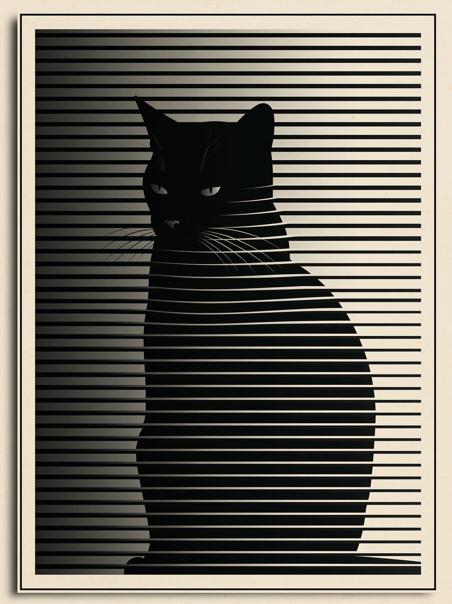 A minimalist black cat silhouette with horizontal stripes over a vintage beige background framed with thin black lines.