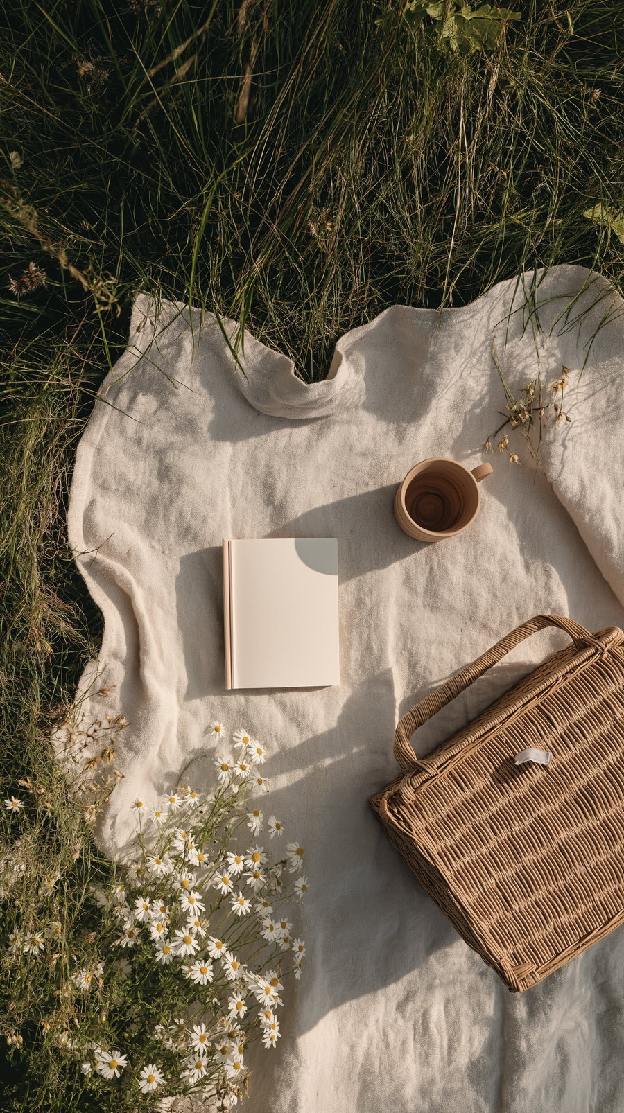 top view of a beige blanket spread on grass with a bouquet of daisies, a closed book, a ceramic cup, and a wicker basket placed on it