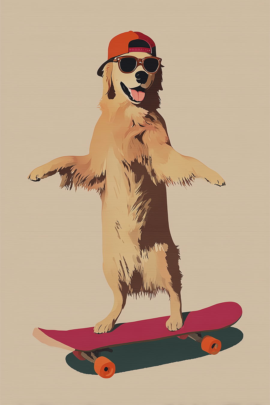 Digital illustration of a golden retriever dog standing on a red skateboard, wearing sunglasses and a red and black cap, on a plain beige background