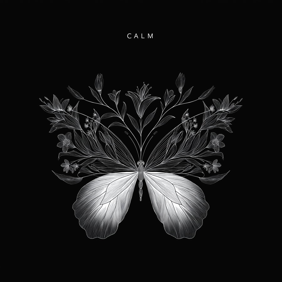 A black background with a white outline illustration of a butterfly whose upper wings are composed of flowers and leaves, with the word CALM above the design