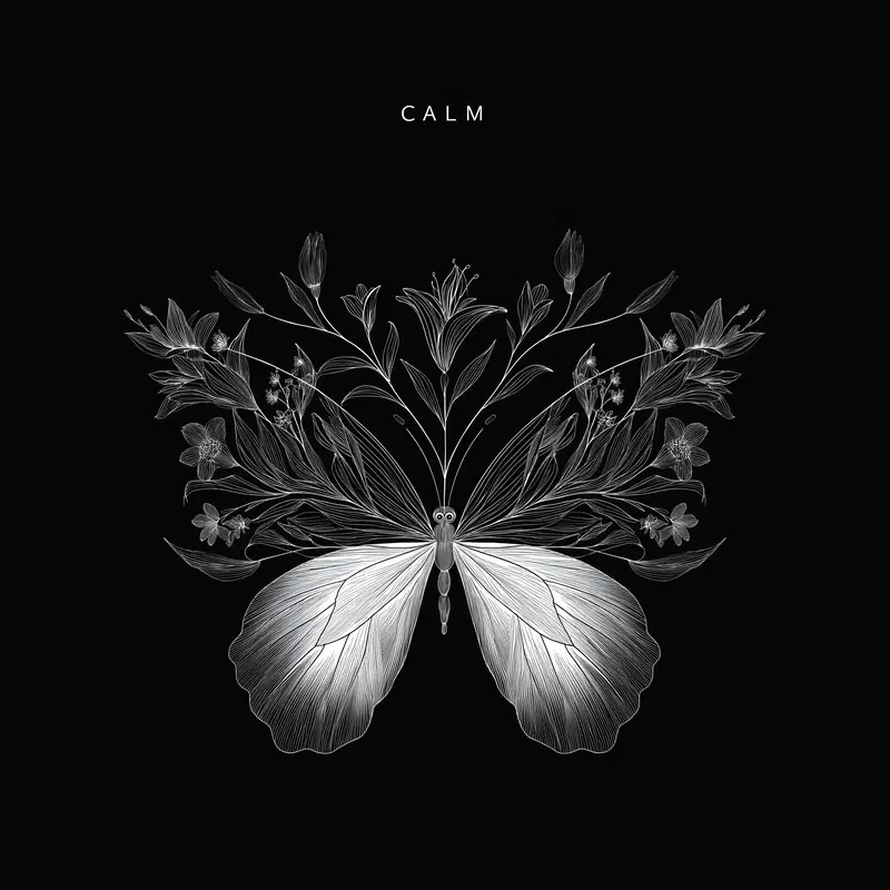 Calming monochrome butterfly and floral line art on black background