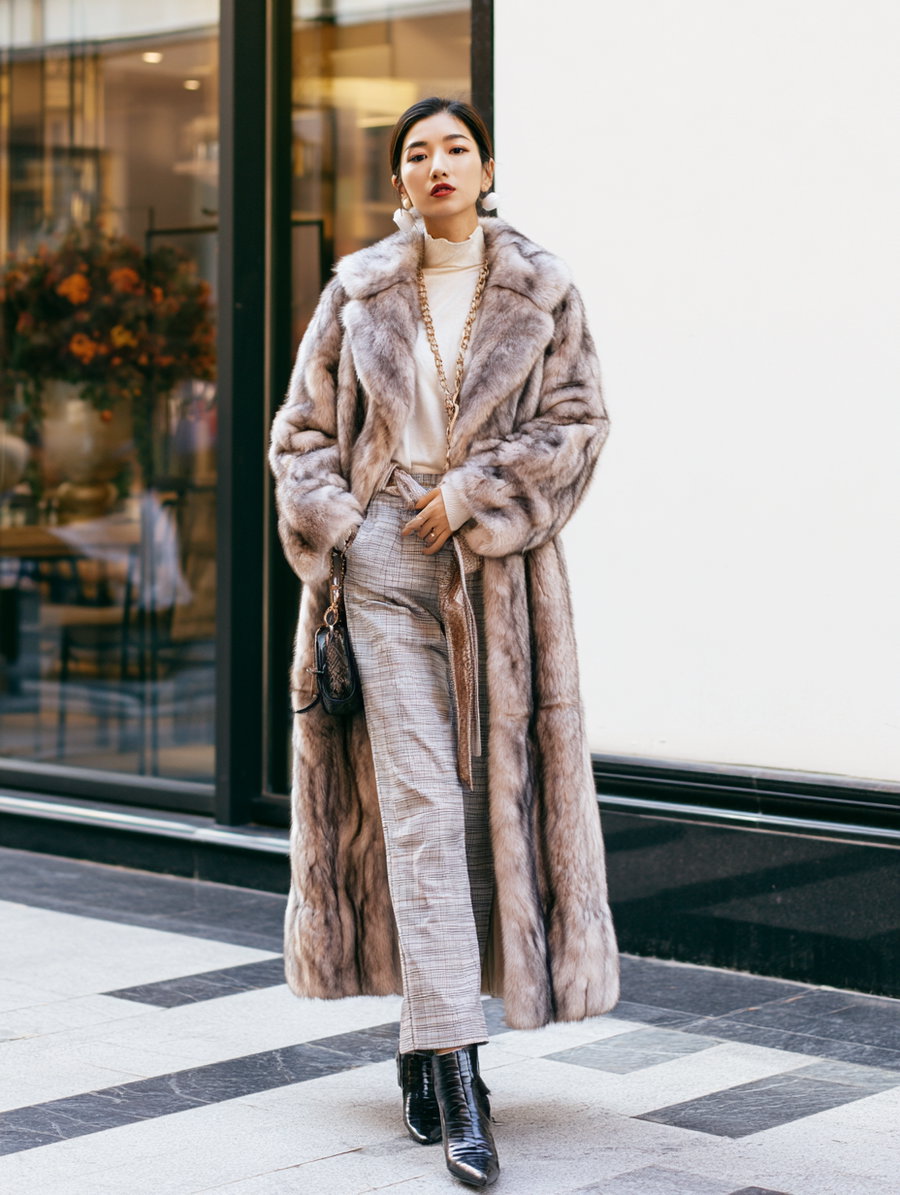 A woman in a long fur coat, checkered pants, black leather boots, and cream turtleneck sweater, posing outdoors on a paved sidewalk with a glass window and beige wall in the background
