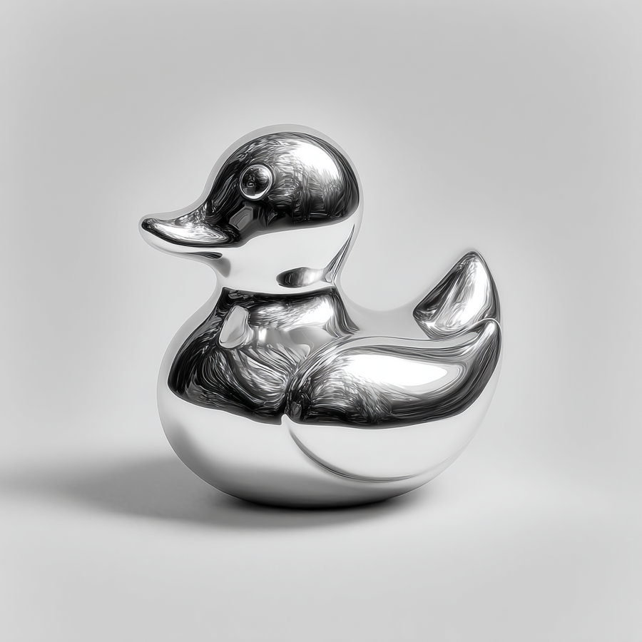 A polished silver duck-shaped sculpture with a reflective surface on a light gray background