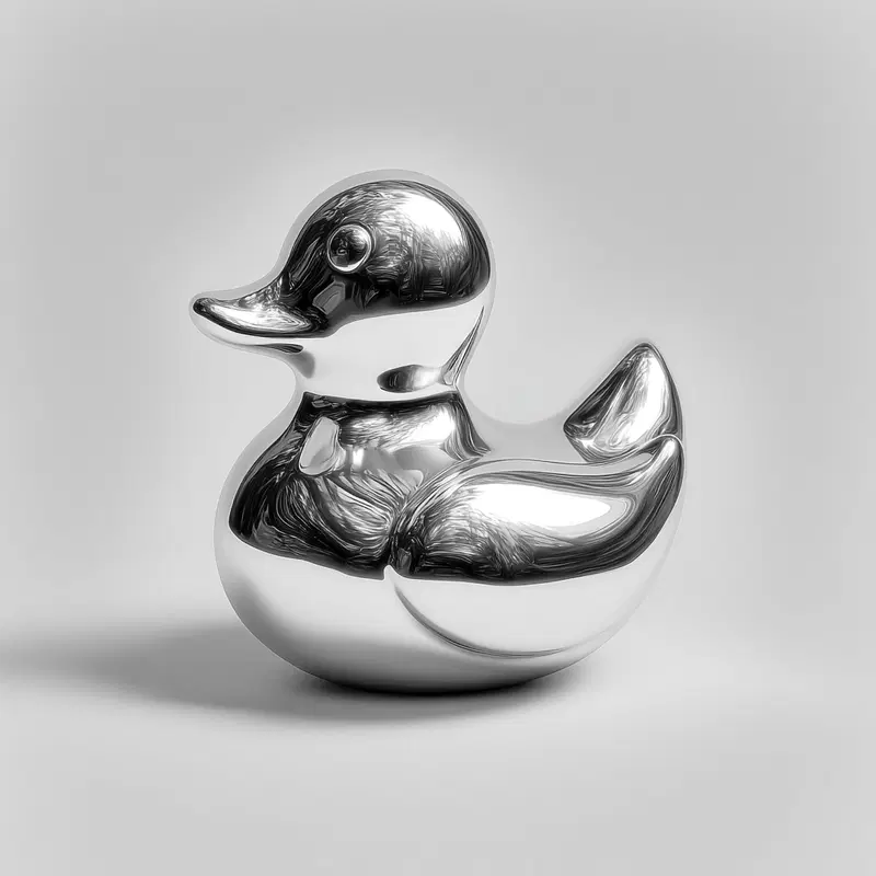 Shiny silver duck sculpture with reflective surface on grey background