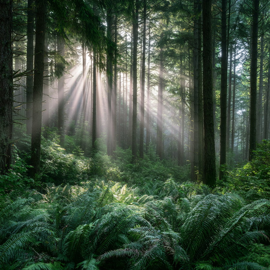 A dense forest with tall trees and abundant green ferns on the forest floor, sunlight streaming through the trees in visible rays