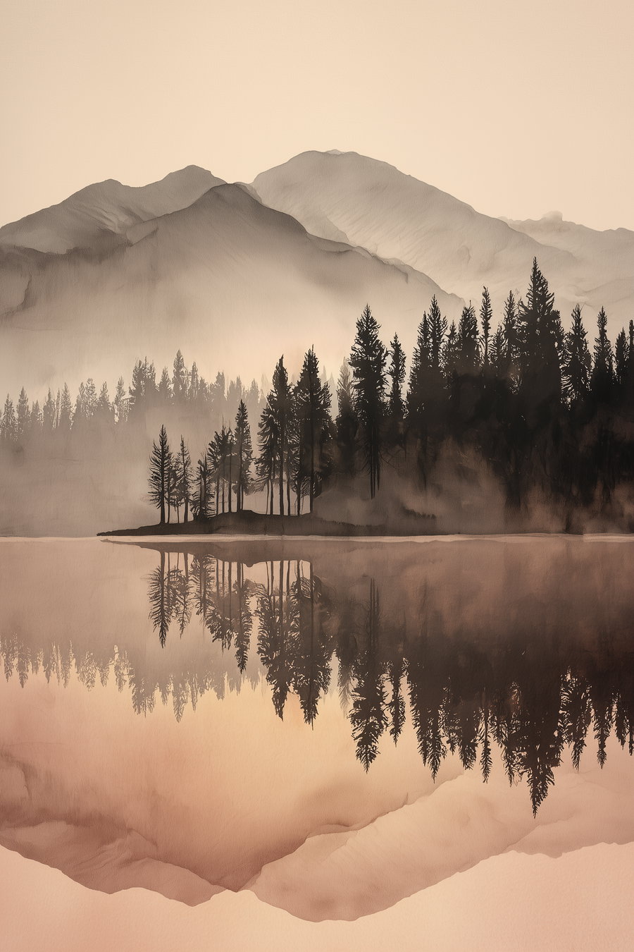 A soft, watercolor-style landscape featuring silhouettes of trees on a shoreline, with mountains in the background and their reflection on calm water below in warm muted tones