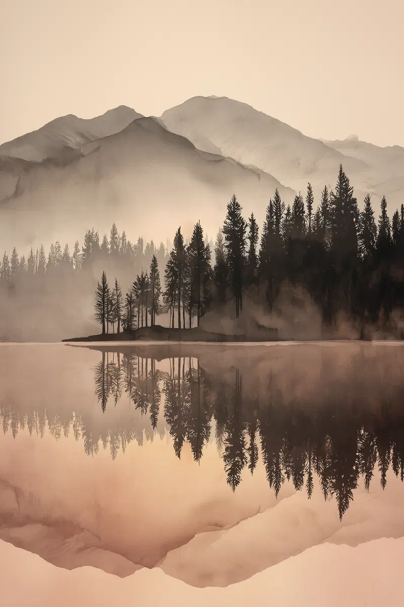 Soft earthy toned art print of trees and mountains with water reflection