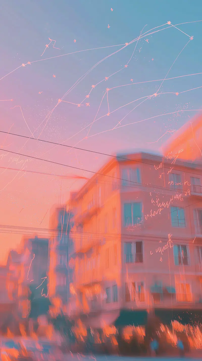 Dreamy urban sunset with abstract celestial lines and pink hues
