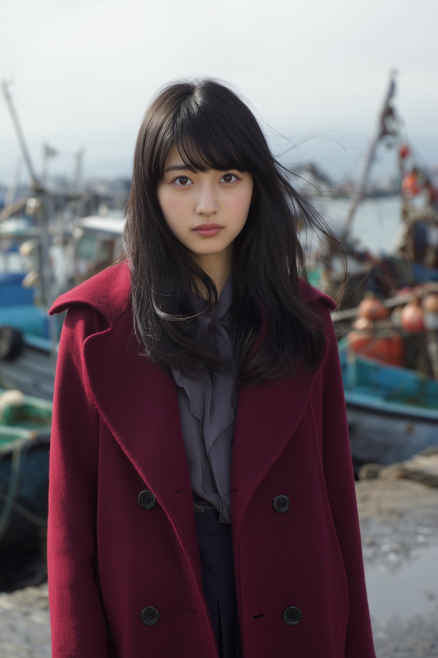 A close-up portrait of a young woman with long dark hair and bangs, wearing a burgundy double-breasted coat and a dark shirt, standing outdoors near fishing boats and water at a harbor.