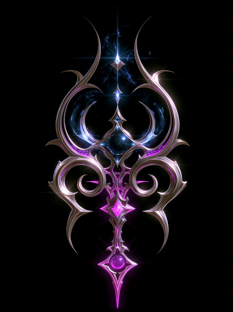 A vertical mystical emblem with glowing purple and blue ornately curved elements against a black background.