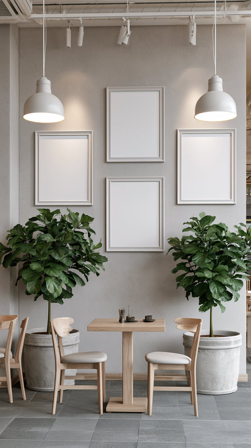 Indoor dining setting with a wooden table and two chairs, flanked by large green potted plants, and four blank white framed wall art pieces on a neutral-colored wall