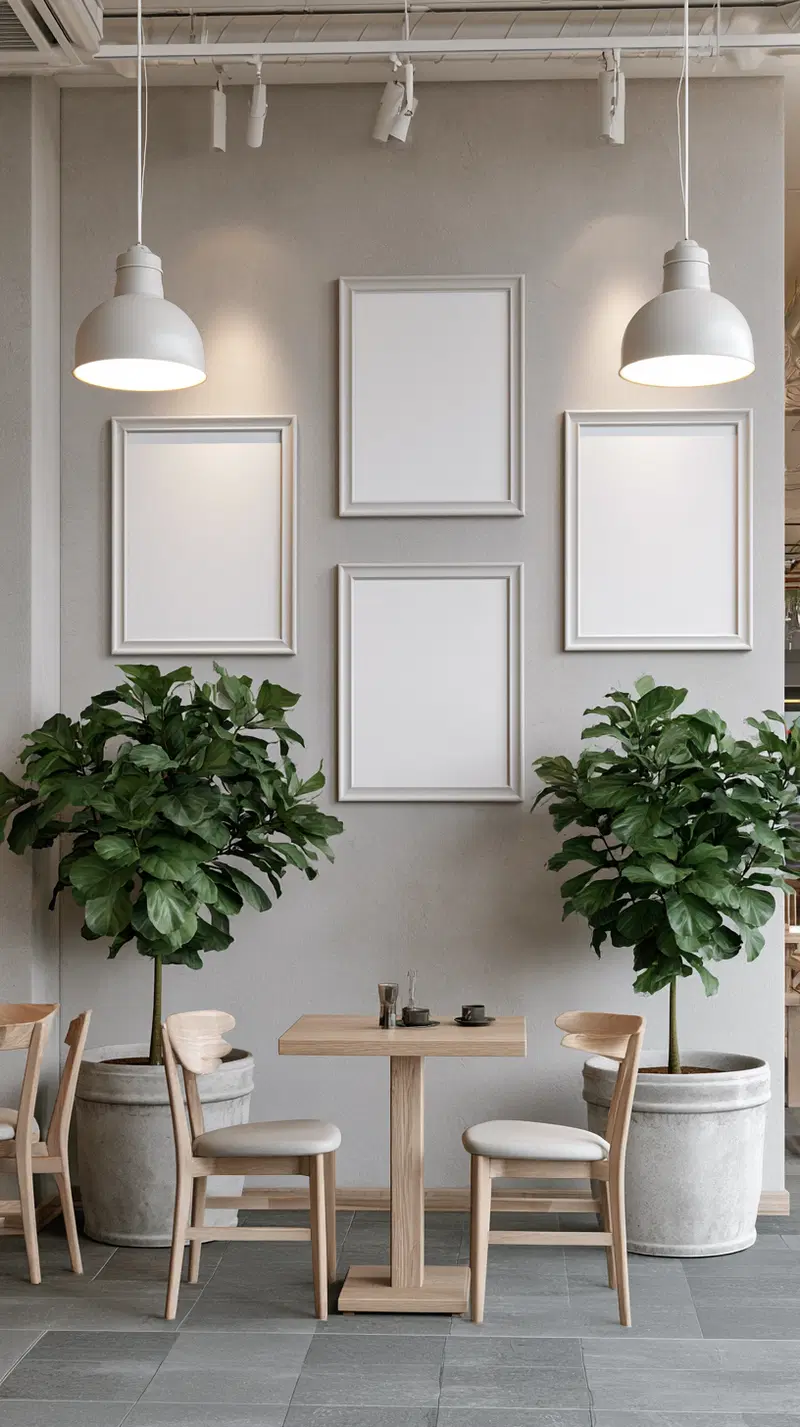 Minimalist dining area with blank white picture frames and green plants