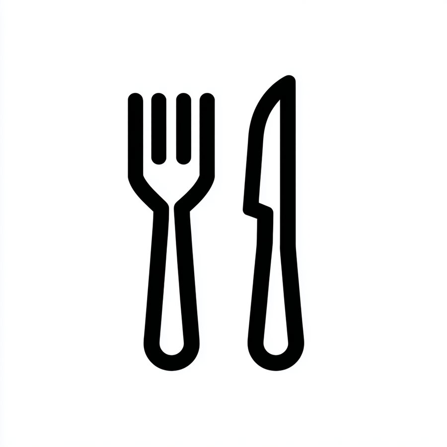 Black line art of a fork and a knife on a white background