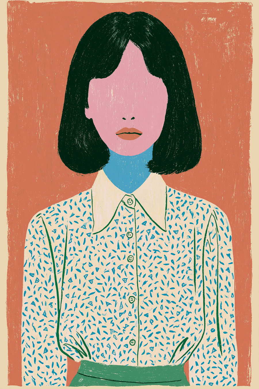 Abstract portrait of a woman with black bob hair, pink face, and blue neck, wearing a cream blouse with blue patterns and green skirt, set against a muted terracotta background