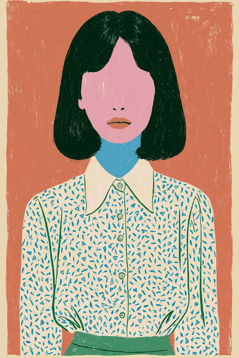 Abstract Portrait Illustration of a Woman with a Patterned Blouse and Pink Face
