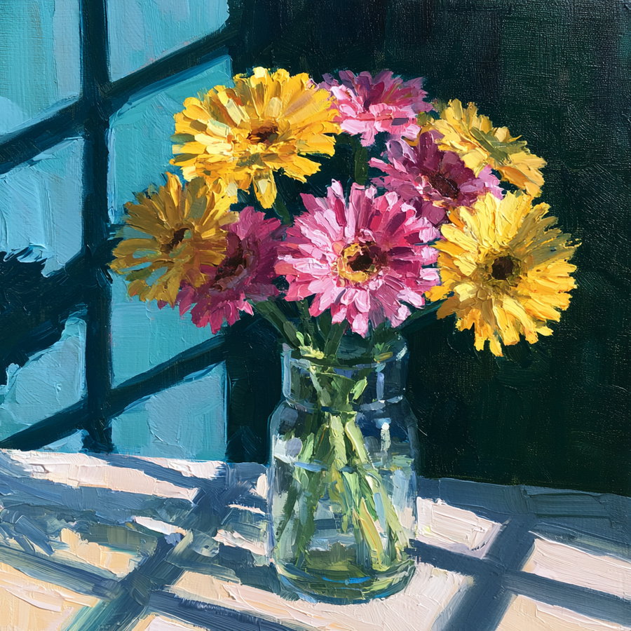 Impressionistic painting of a bouquet of pink and yellow flowers in a transparent glass jar on a table with window shadows in the background