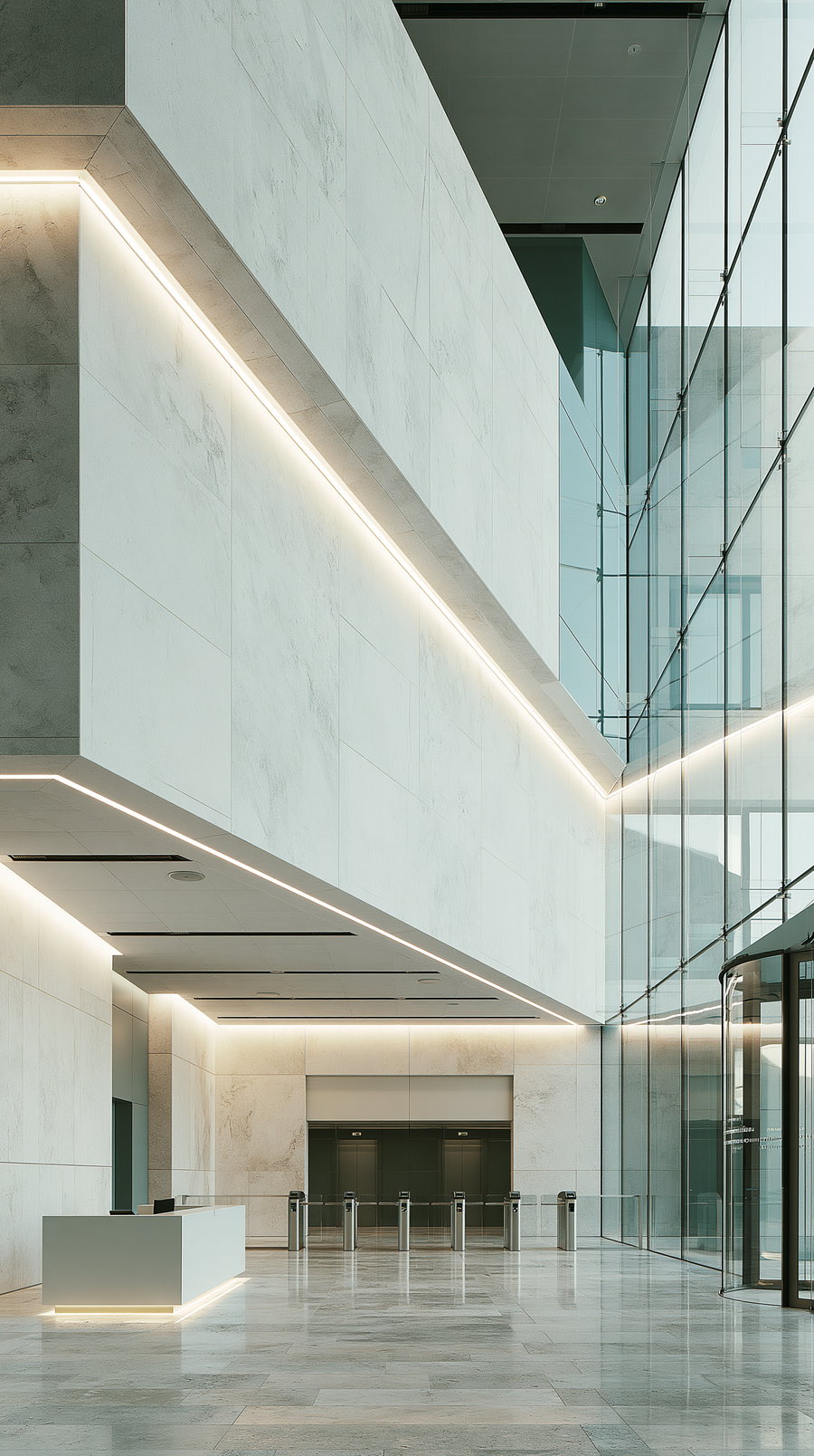 A large modern lobby interior featuring clean, white marble walls and floors with integrated strip lighting; a sleek reception desk on the left and tall glass walls and doors on the right reflecting the architectural space.