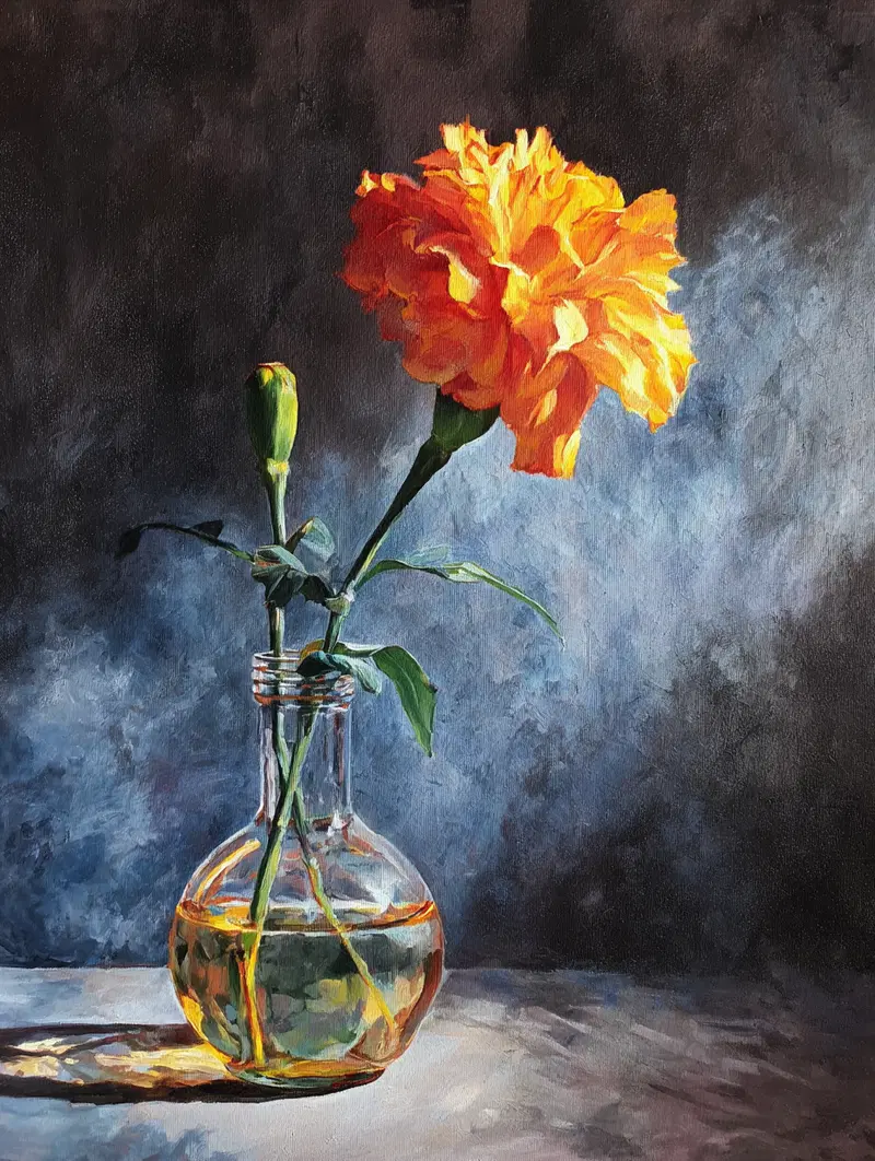Still life painting of an orange carnation in a glass vase with dramatic lighting