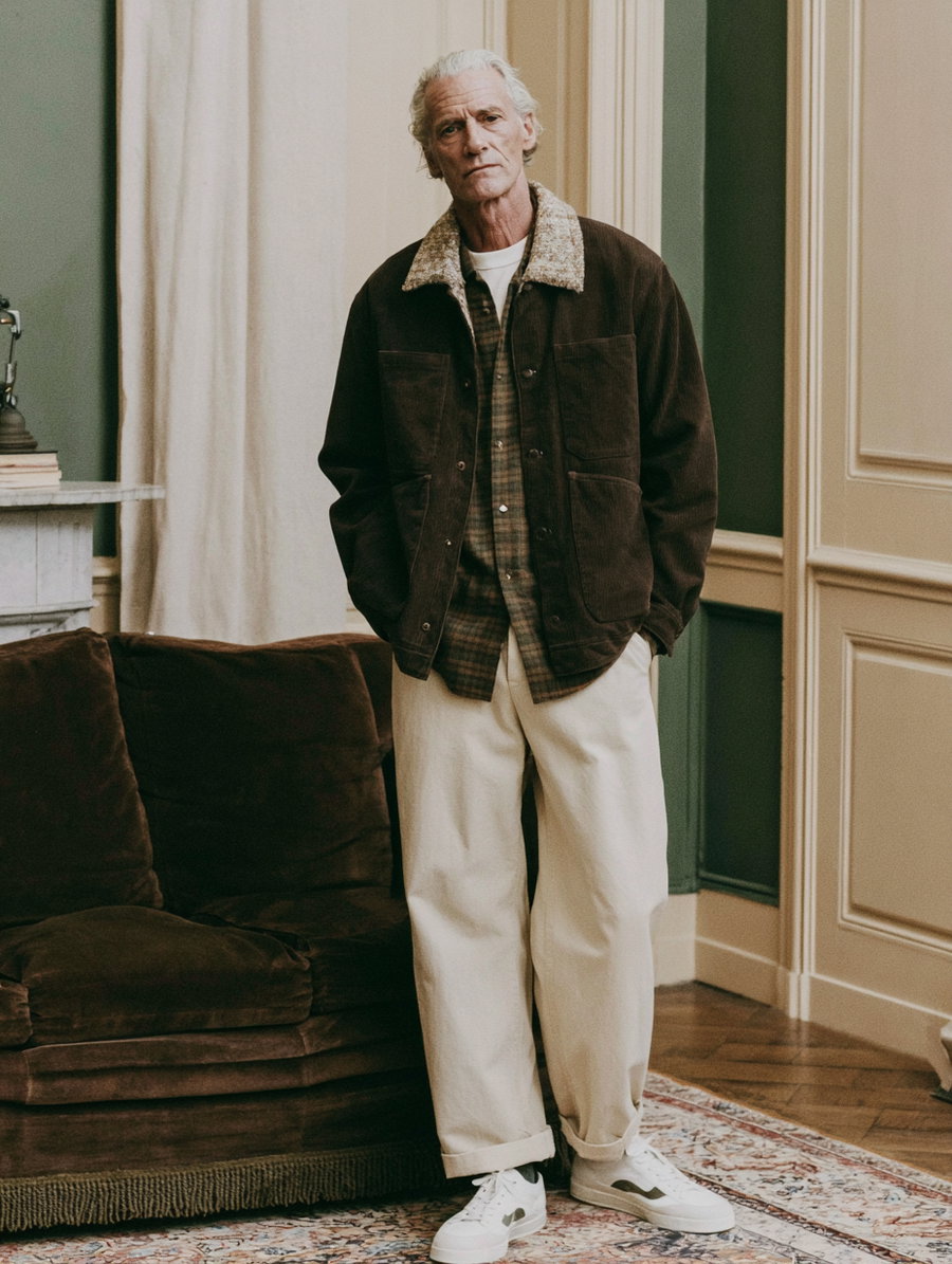 A stylish older man stands in a classic living room with vintage elements. He wears a dark jacket and cream-colored pants, next to a brown couch and intricate rug.