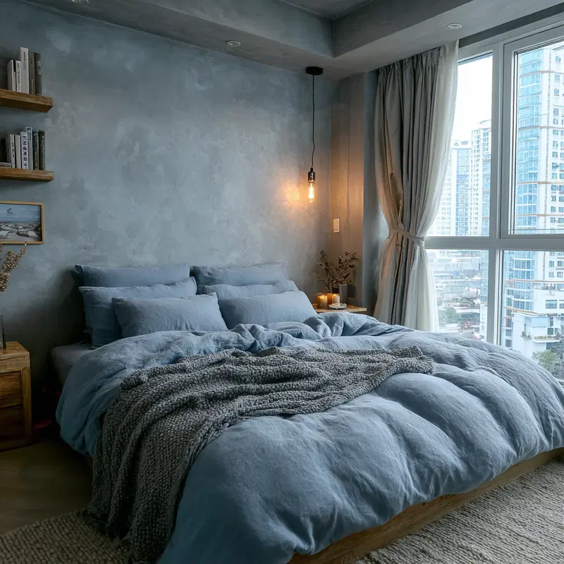 Cozy modern bedroom with textured blue bedding and concrete walls