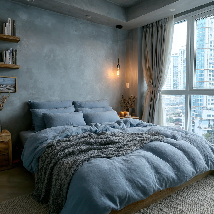 A modern bedroom featuring a large bed with blue bedding and pillows, a gray knitted throw blanket, a textured concrete wall, wooden shelves with books, a hanging light bulb fixture, and large windows with curtains revealing city buildings outside.