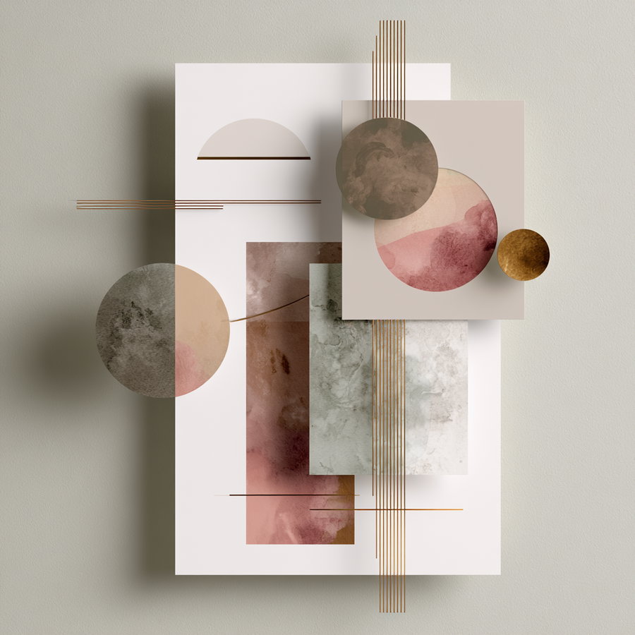 Abstract art featuring overlapping circles and rectangles in muted earth tones with gold linear accents on a textured wall background